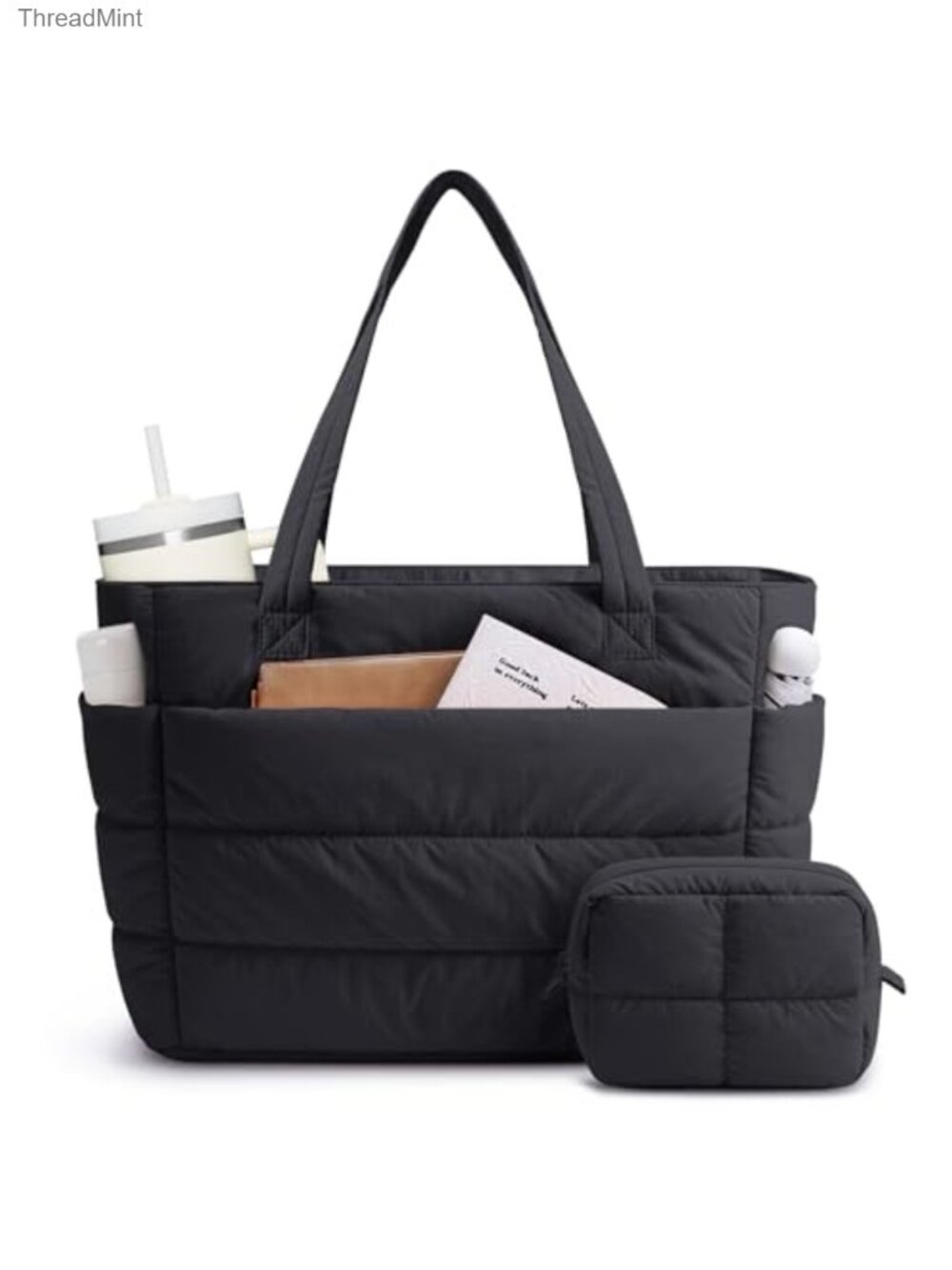 Nylon Quilted Puffer Tote Bag with Laptop Sleeve and Tumbler Pocket